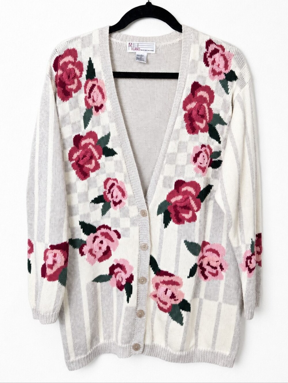 VTG Milano Floral Rose Cardigan Ramie Cotton Cottagecore Granny Chic Sweater M